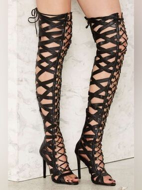 Lust For Life | Psycho Black Lace-Up Over-the-Knee Gladiator Heels | 8.5